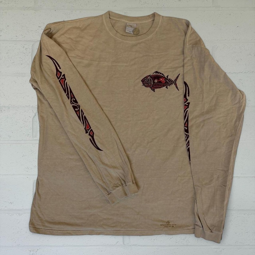 Crazy Shirts Kona Coffee Dyed Long Sleeve T-Shirt Tribal Fish Tan Mens XXL